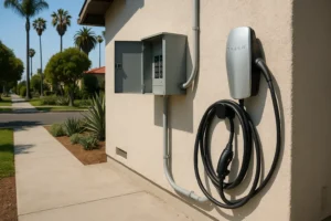 Tesla Wall Connector installed outdoors on stucco with dedicated breaker box and EMT conduit in Los Angeles