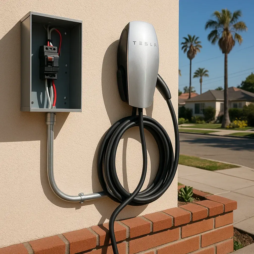 Silver Tesla home charger hardwired to exterior subpanel with metal conduit at a Los Angeles residence