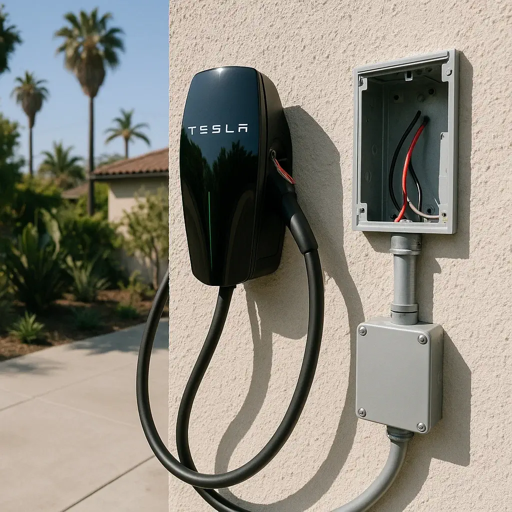 Black Tesla Wall Connector during installation with open junction box and conduit on exterior wall, Los Angeles home