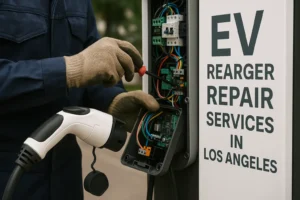 Technician opening an EV charging station cabinet and tightening terminals in Los Angeles