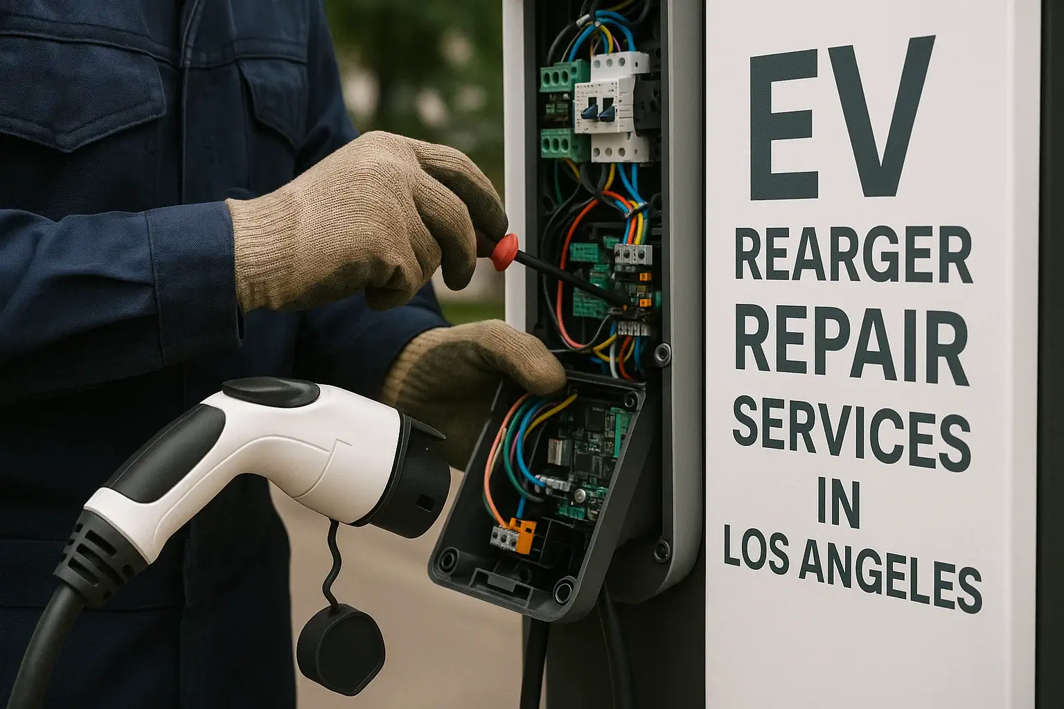 Technician opening an EV charging station cabinet and tightening terminals in Los Angeles