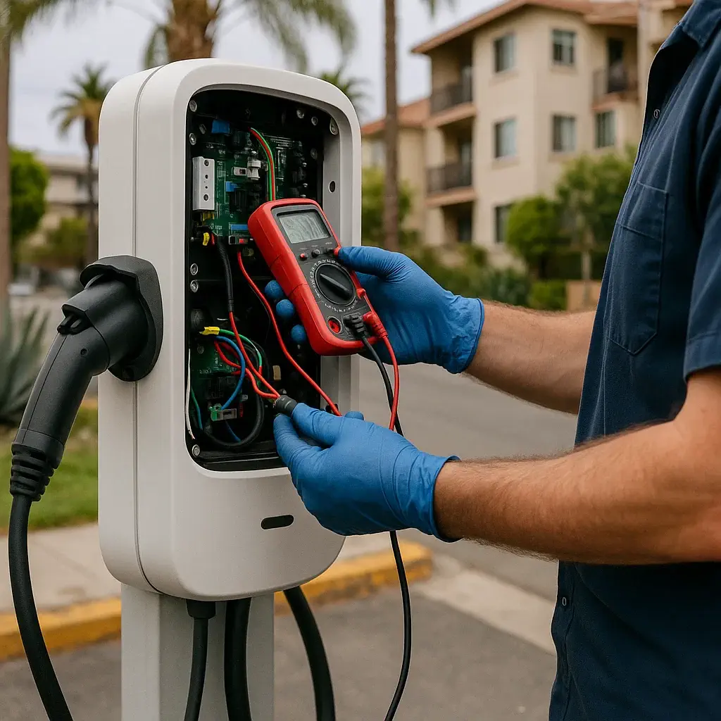 EV charger being tested with a multimeter by a technician on a Los Angeles street
