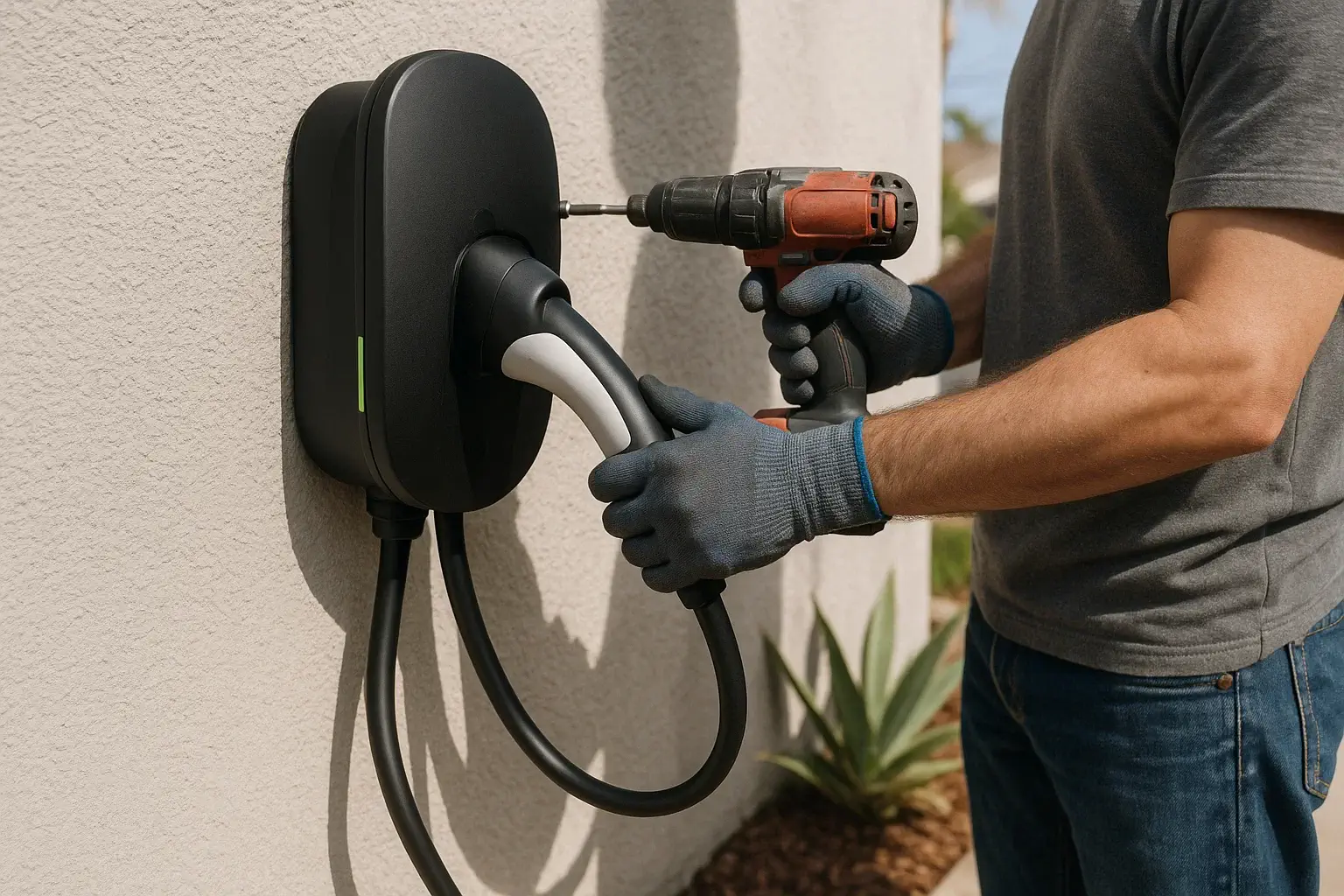Installer mounting a black Level 2 EV charger on an exterior stucco wall with a drill