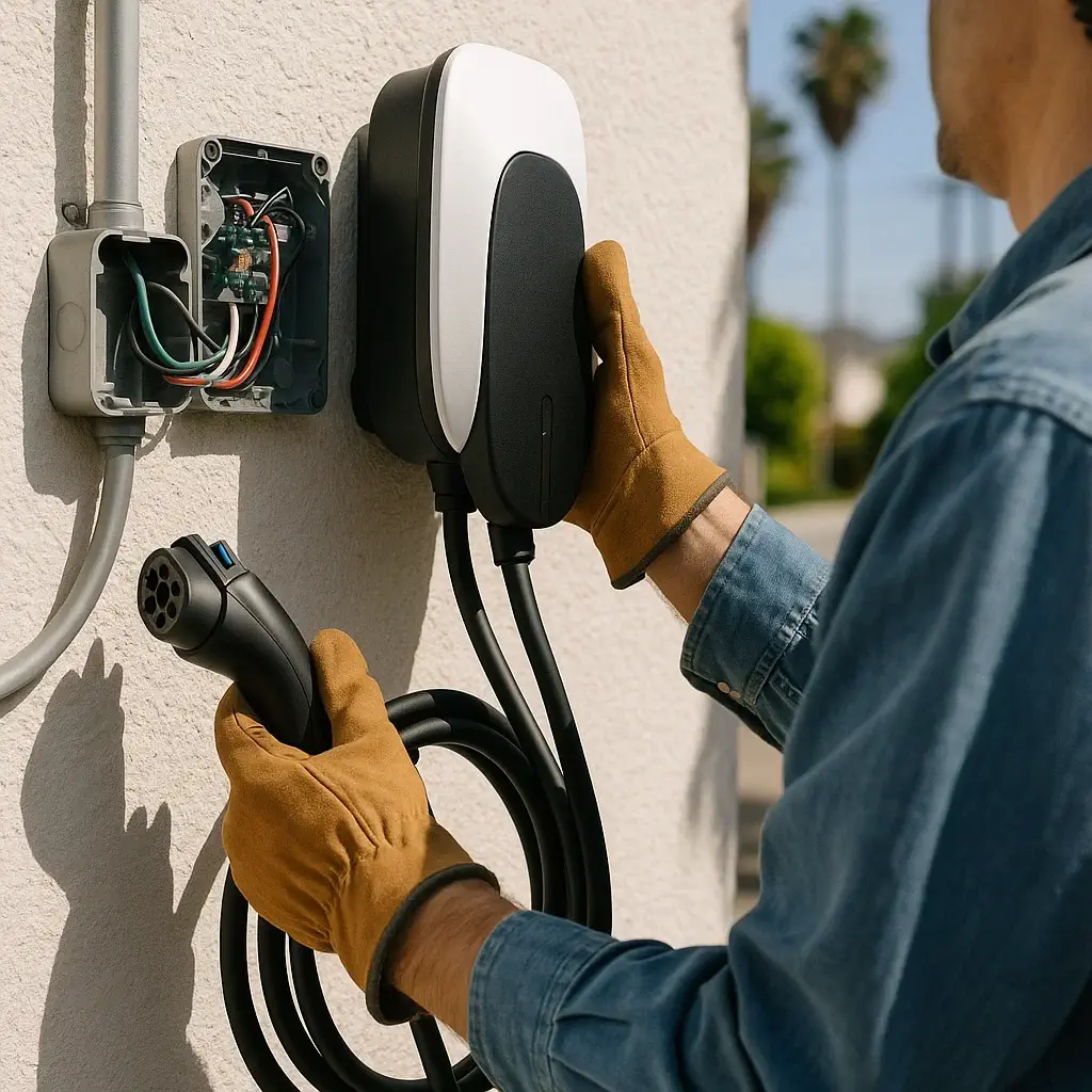 Technician holding a J1772 connector while wiring a new EV charger next to an open junction box
