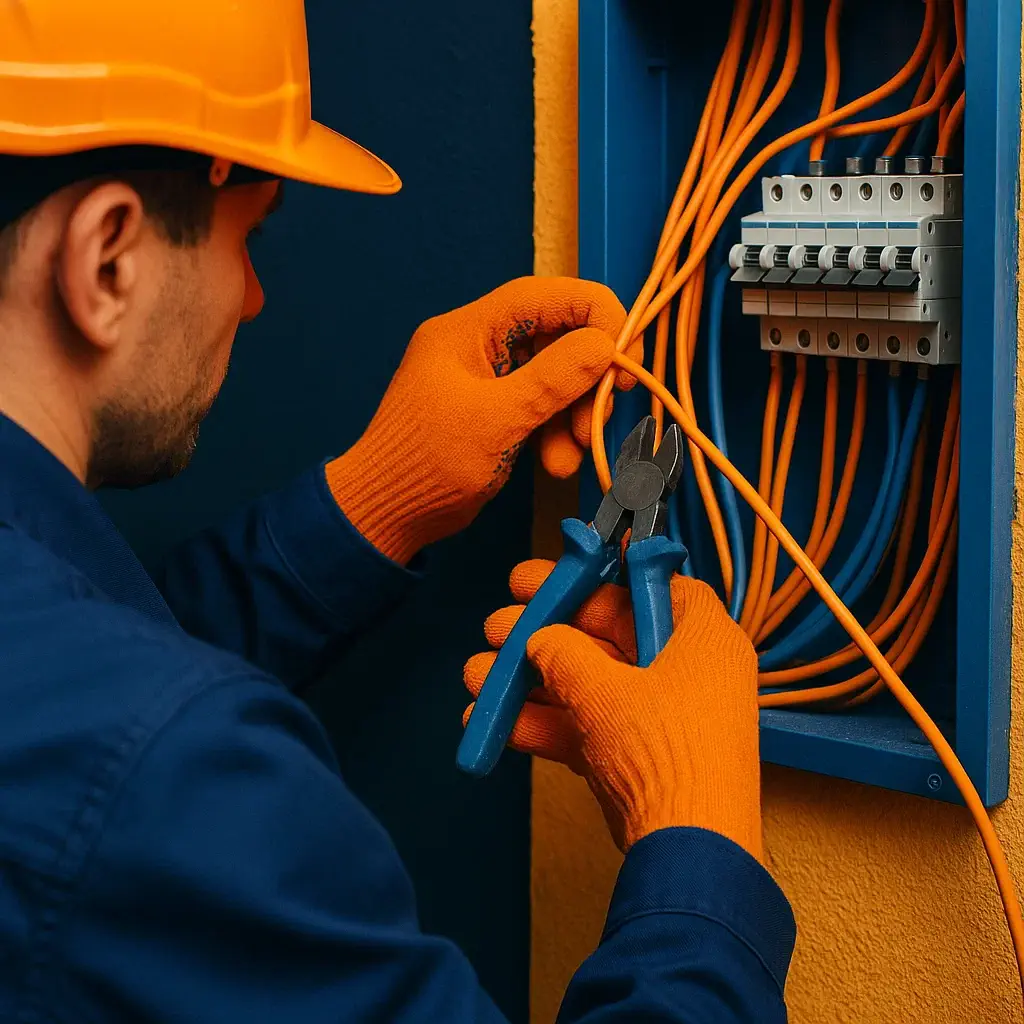 Commercial electrician in Los Angeles organizing orange wires and trimming leads inside a breaker panel.