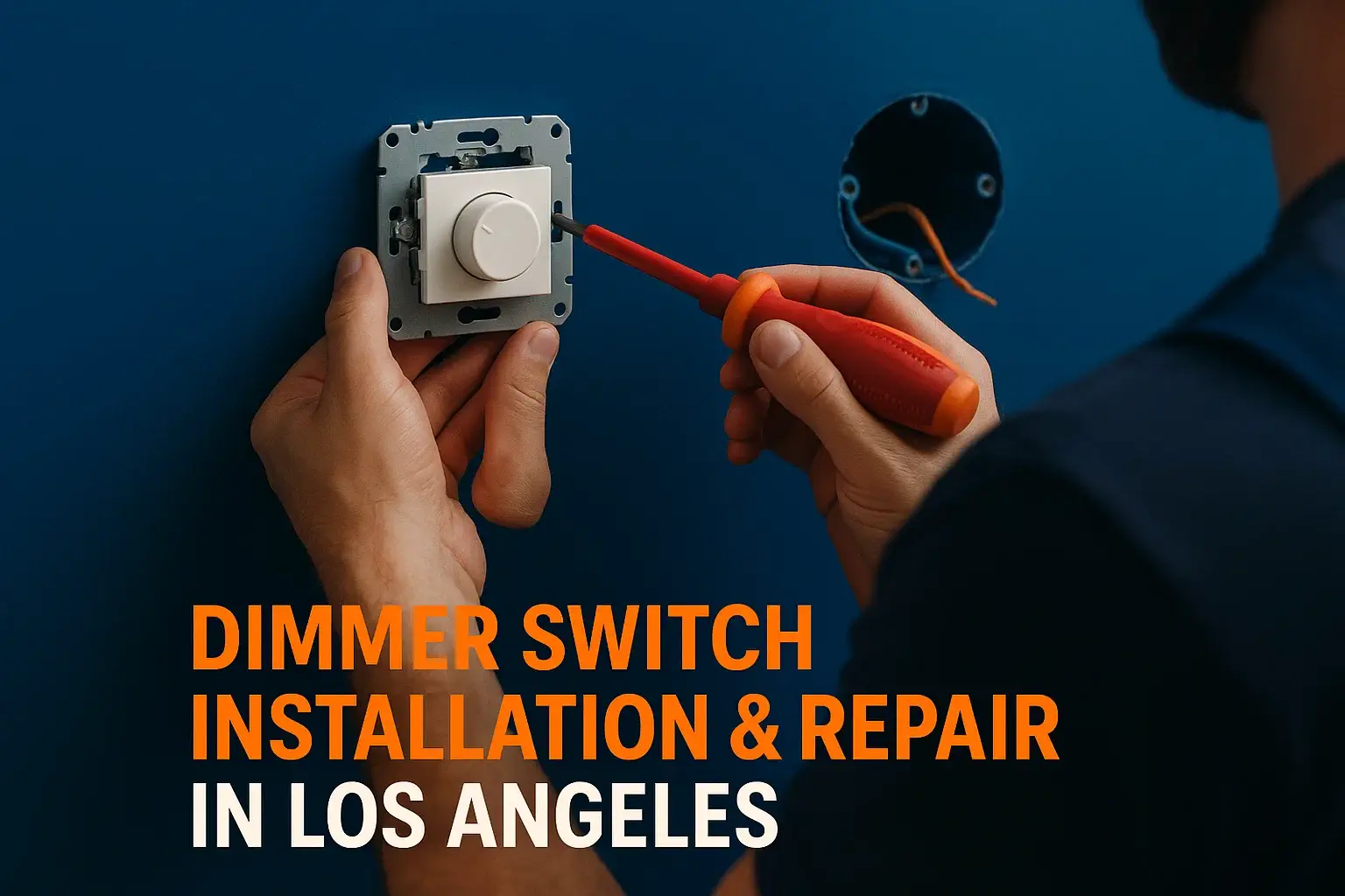 Banner showing hands mounting a dimmer mechanism in a wall box with text “Dimmer Switch Installation & Repair in Los Angeles