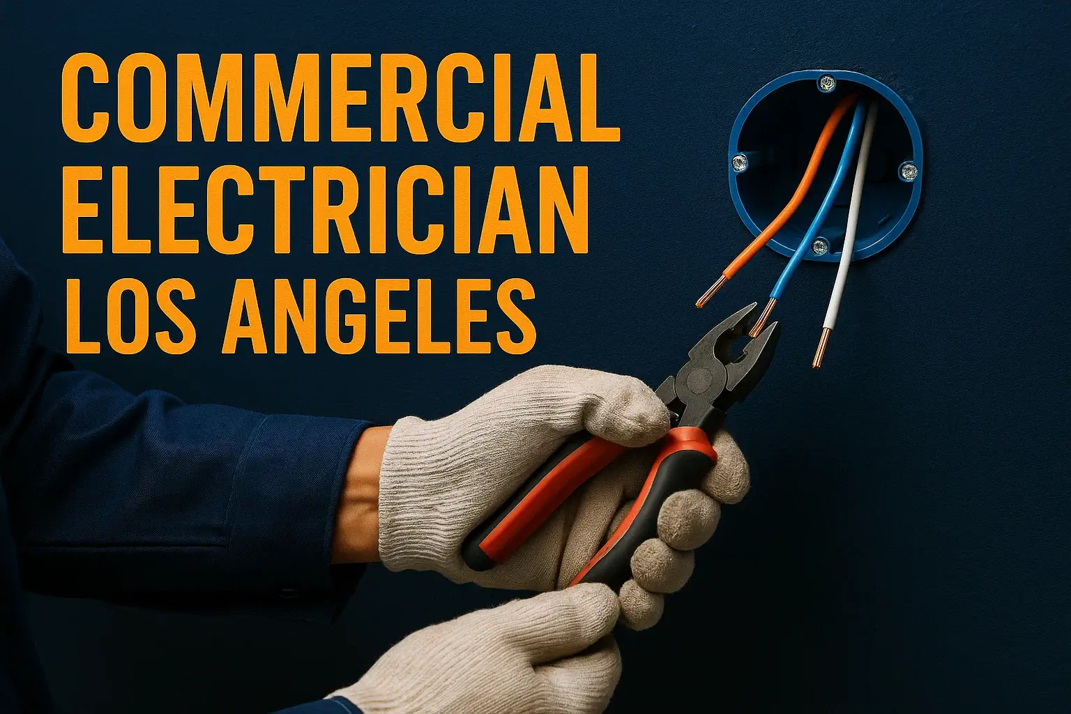 Banner showing gloved hands cutting copper conductors at a junction box with the text “Commercial Electrician Los Angeles.”