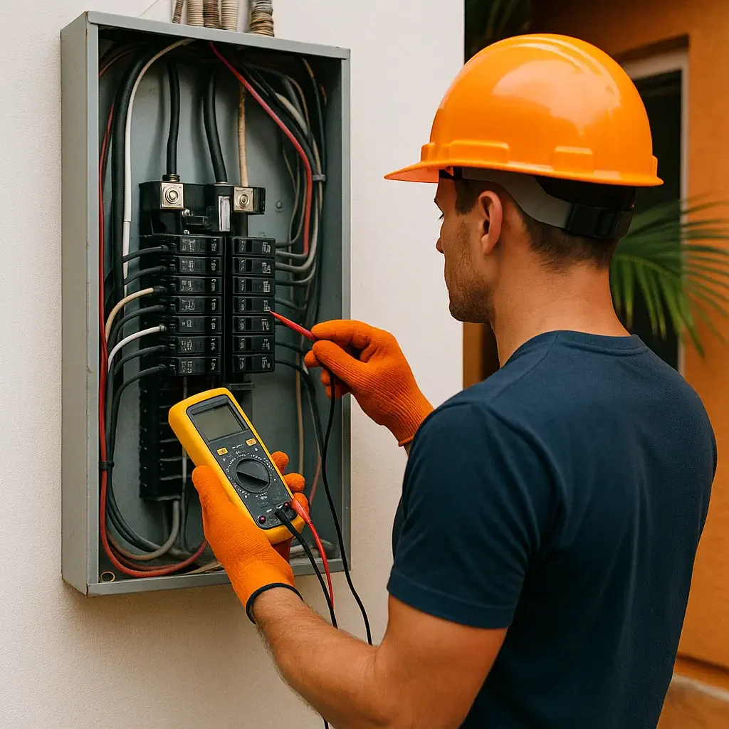 Electrician using a multimeter to test voltage at a residential breaker panel in Los Angeles