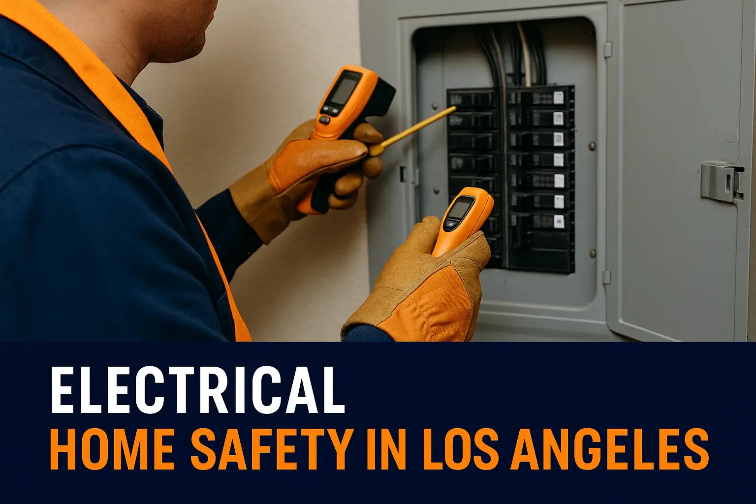 Electrical home safety inspection banner showing tools and residential breaker panel in Los Angeles