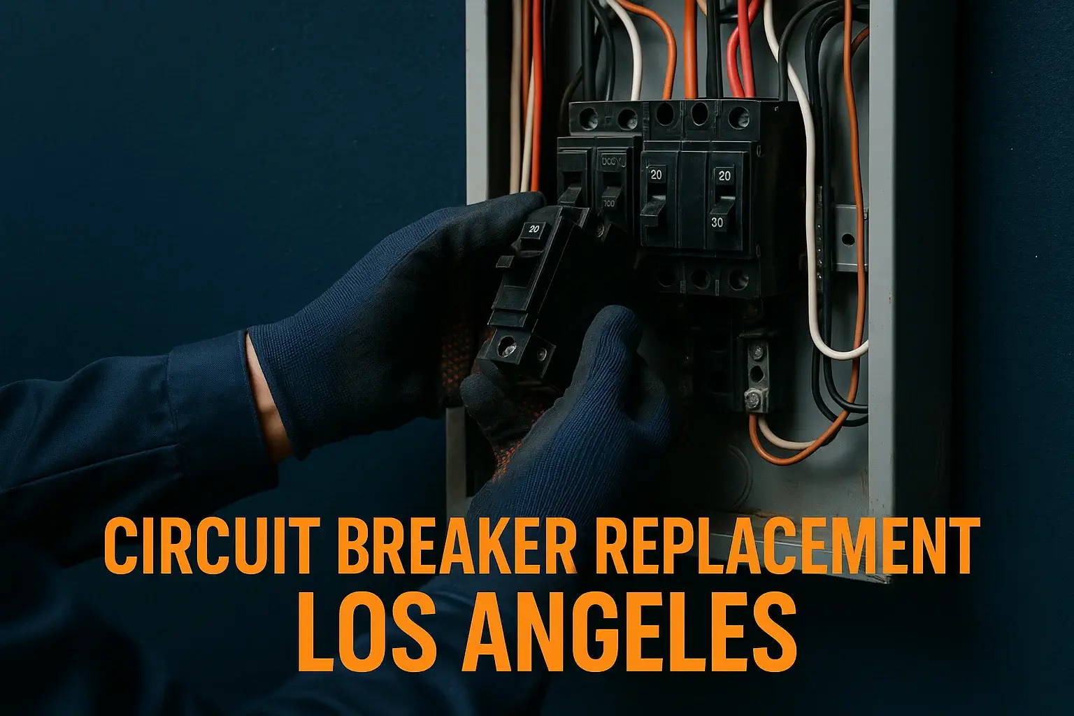 Electrician in blue gloves removing a 20-amp breaker from an electrical panel with the text “Circuit Breaker Replacement Los Angeles” overlaid.