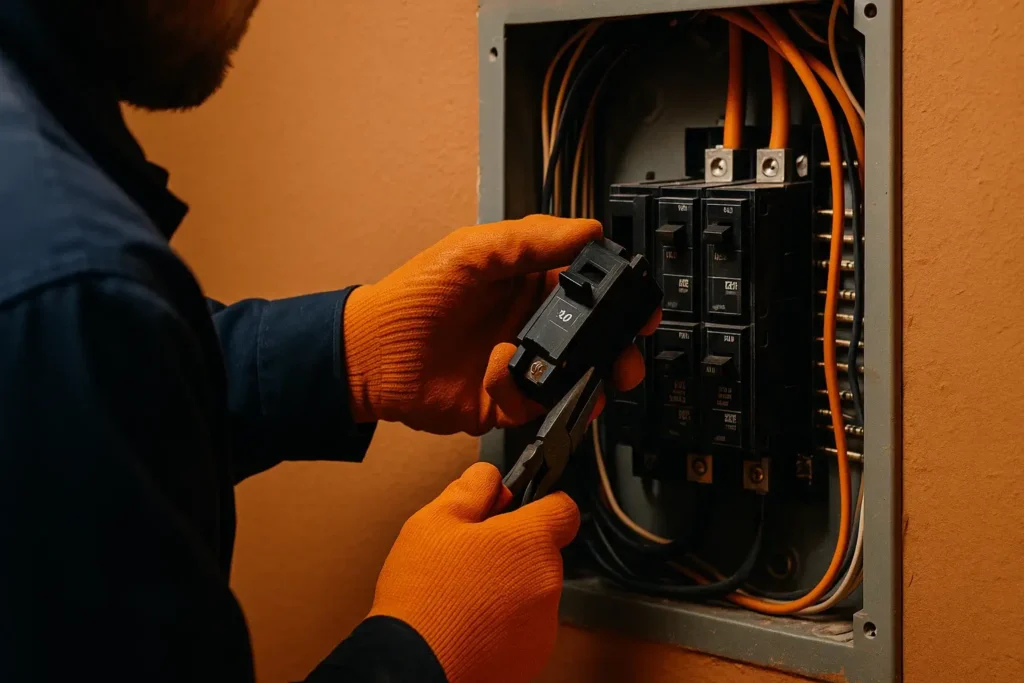 Electrician wearing orange safety gloves carefully replacing a 20-amp circuit breaker inside a residential electrical panel.