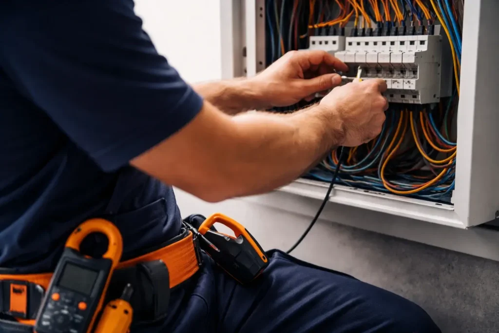 Licensed electrician inspecting breaker panel and wiring in Reseda, CA