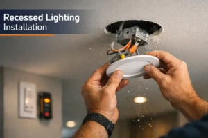 Electrician installing an LED recessed ceiling light with visible junction box and drywall dust