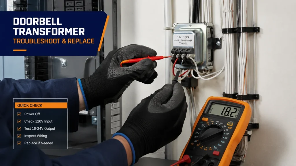 Electrician testing a doorbell transformer with a multimeter for doorbell repair