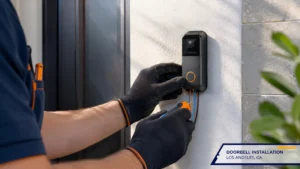 Electrician installing a smart video doorbell on a Los Angeles home exterior for Tik Electric