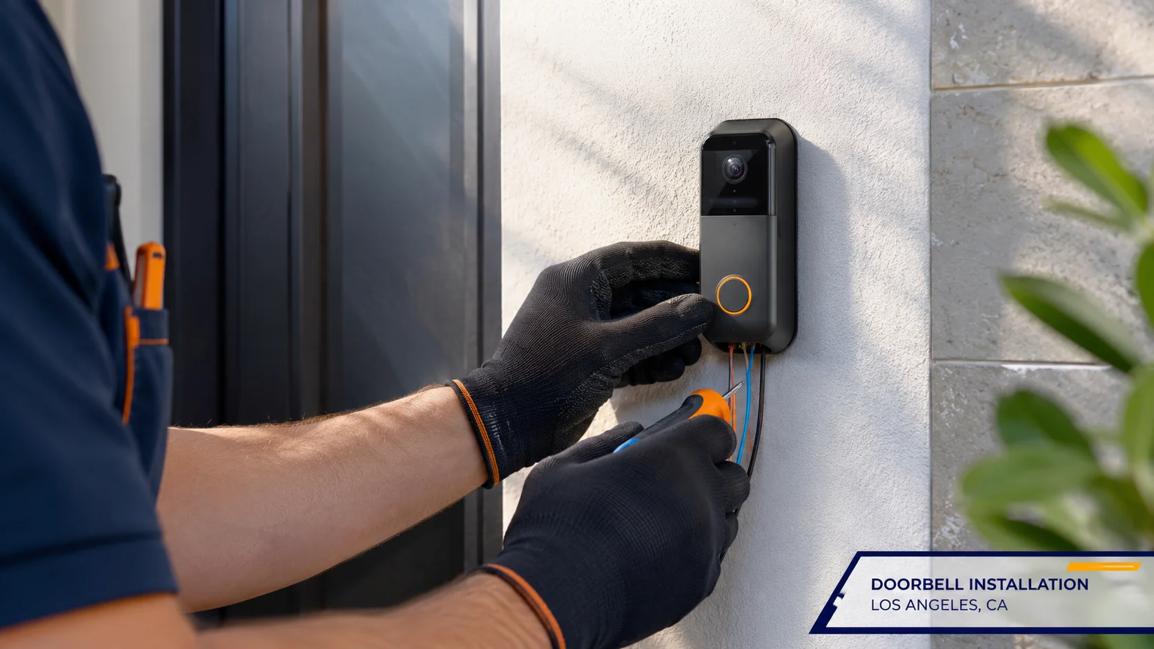Electrician installing a smart video doorbell on a Los Angeles home exterior for Tik Electric